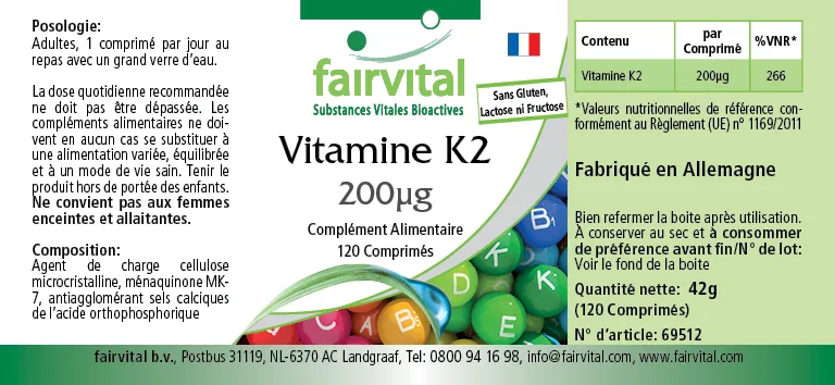 Vitamin K2 200µg - 120 Tabletten - für Knochen, Blutgerinnung - Hochdosiert und Vegan | Fairvital