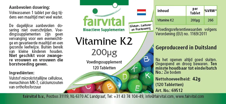 Vitamin K2 200µg - 120 Tabletten - für Knochen, Blutgerinnung - Hochdosiert und Vegan | Fairvital