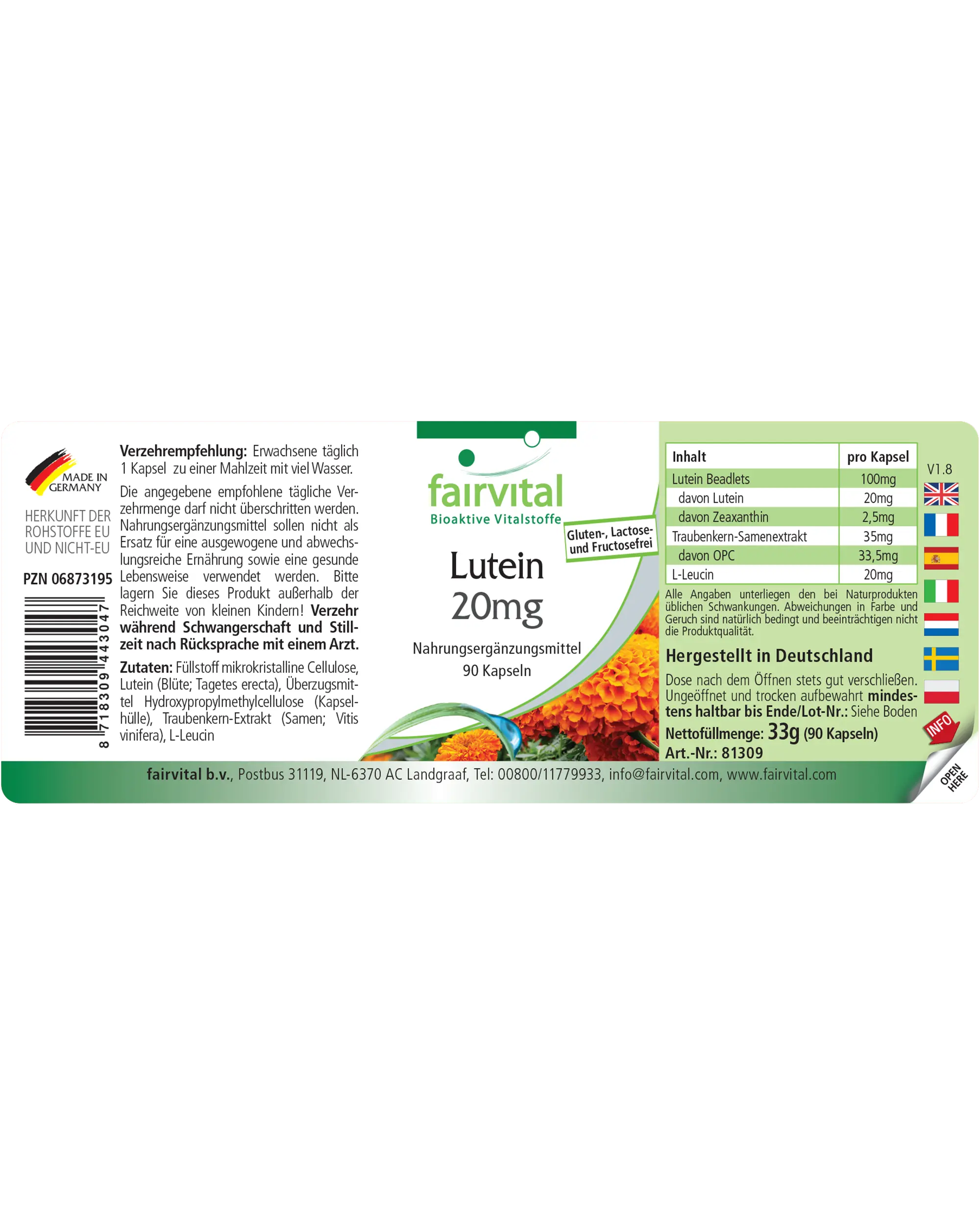 Lutein 20mg - 90 Kapseln - mit Zeaxanthin - mikroverkapselt - ohne Magnesiumstearat | Fairvital Lutein 20mg - 90 Kapseln - mit Zeaxanthin - mikroverkapselt - ohne Magnesiumstearat | Fairvital