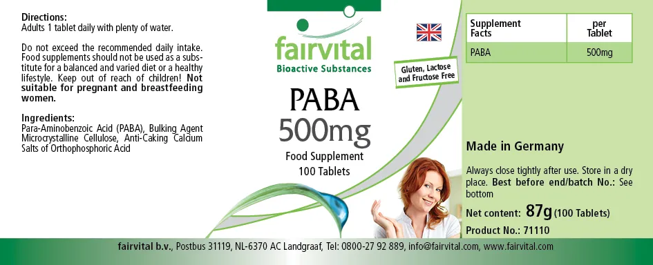 PABA 500mg - 100 Tabletten - Para-Aminobenzoesäure - Vitamin B10 - Hochdosiert und Vegan | Fairvital