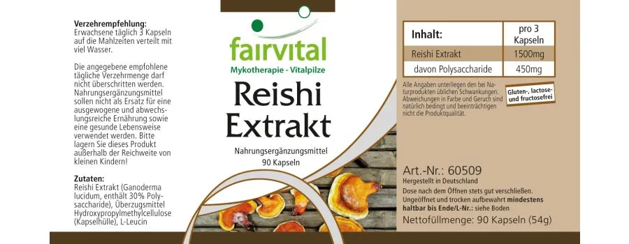 Reishi Extrakt - 90 Kapseln - Ganoderma lucidum - 30% Polysaccharide - Vegan | Fairvital