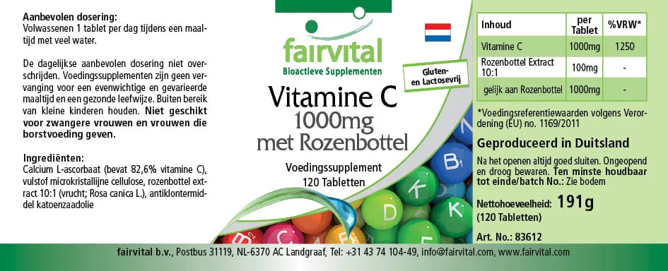 Vitamin C 1000mg mit Hagebutte - 120 Tabletten - für Immunsystem, Kollagenbildung uvm. | Fairvital