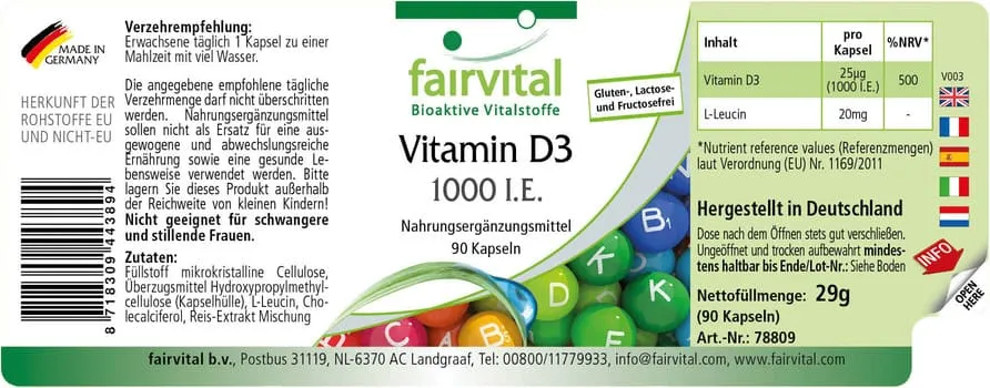 Vitamin D3 1000 I.E. - 90 Kapseln - für Immunsystem, Zellteilung, Muskelfunktion uvm. | Fairvital