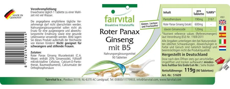 Roter Panax Ginseng mit B5 - 90 Tabletten - für Energiestoffwechsel uvm. - Vegan | Fairvital