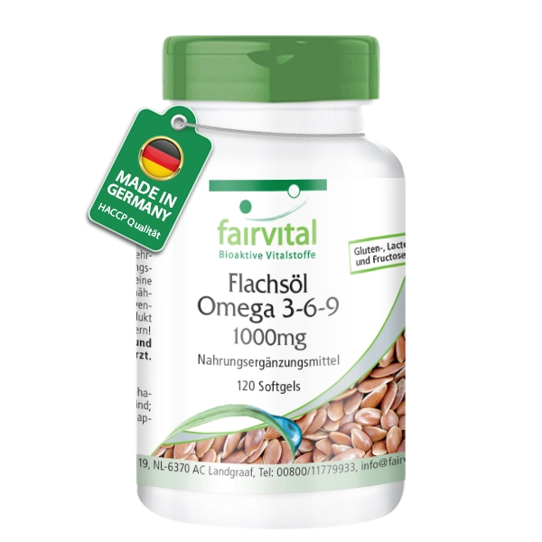 Flachsöl Leinöl Omega 3-6-9 - mit Vitamin E - 120 Softgels - für Zellschutz vor oxidativem Stress - Hochdosiert | Fairvital Flachsöl Leinöl Omega 3-6-9 - mit Vitamin E - 120 Softgels - für Zellschutz vor oxidativem Stress - Hochdosiert | Fairvital