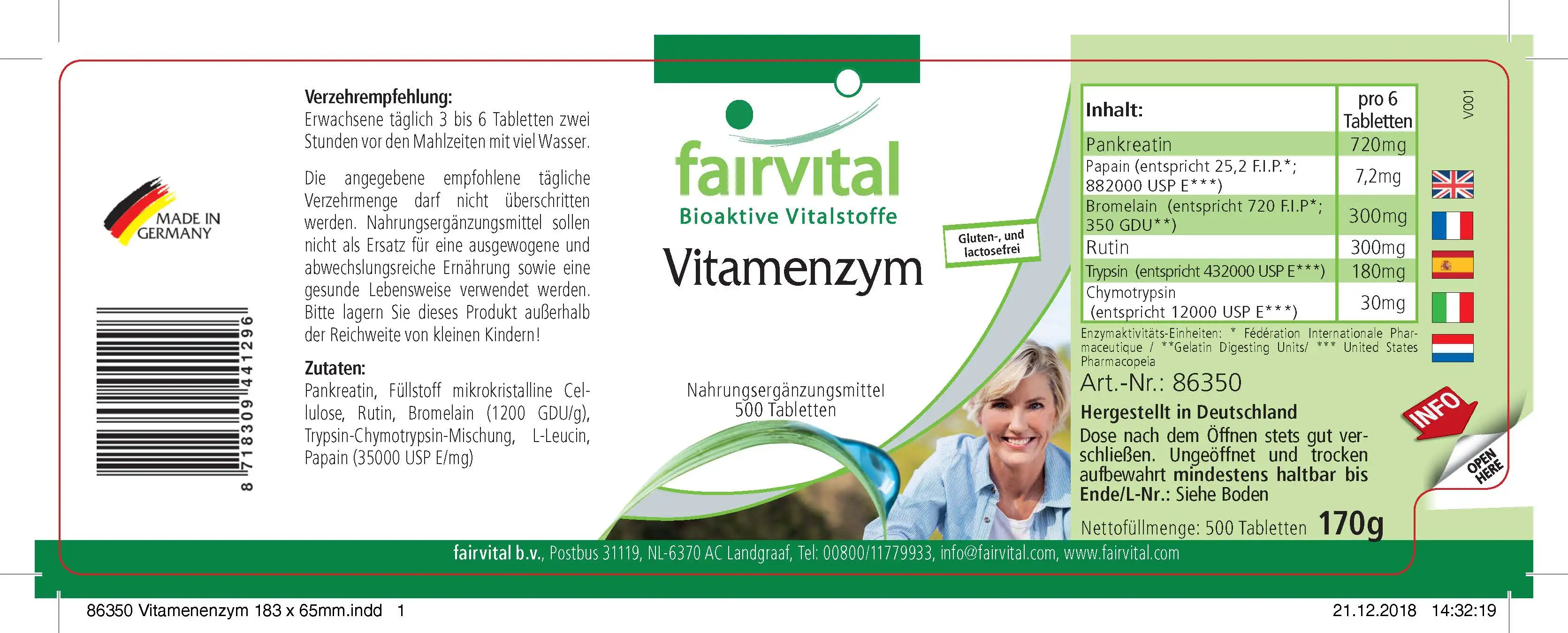 Vitamenzym - 500 Tabletten - mit Pankreatin, Papain, Bromelain, Rutin, Trypsin uvm. | Fairvital