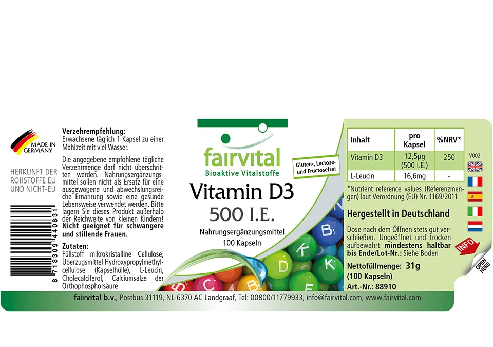 Vitamin D3 500 I.E. - 100 Kapseln - für Immunsystem, Knochen, Muskelfunktion uvm. | Fairvital