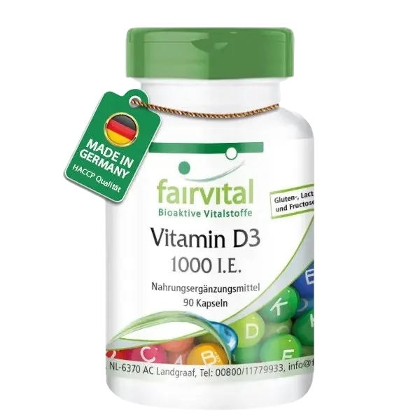 Vitamin D3 1000 I.E. - 90 Kapseln - für Immunsystem, Zellteilung, Muskelfunktion uvm. | Fairvital Vitamin D3 1000 I.E. - 90 Kapseln - für Immunsystem, Zellteilung, Muskelfunktion uvm. | Fairvital