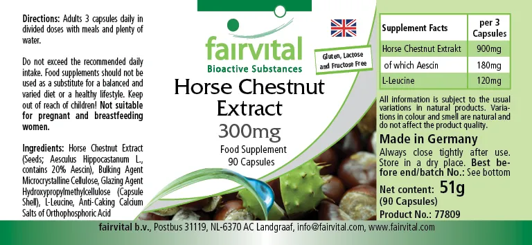 Rosskastanien Extrakt 300mg - 90 Kapseln - mit 20% Aescin - Aesculus hippocastanum - Vegan | Fairvital