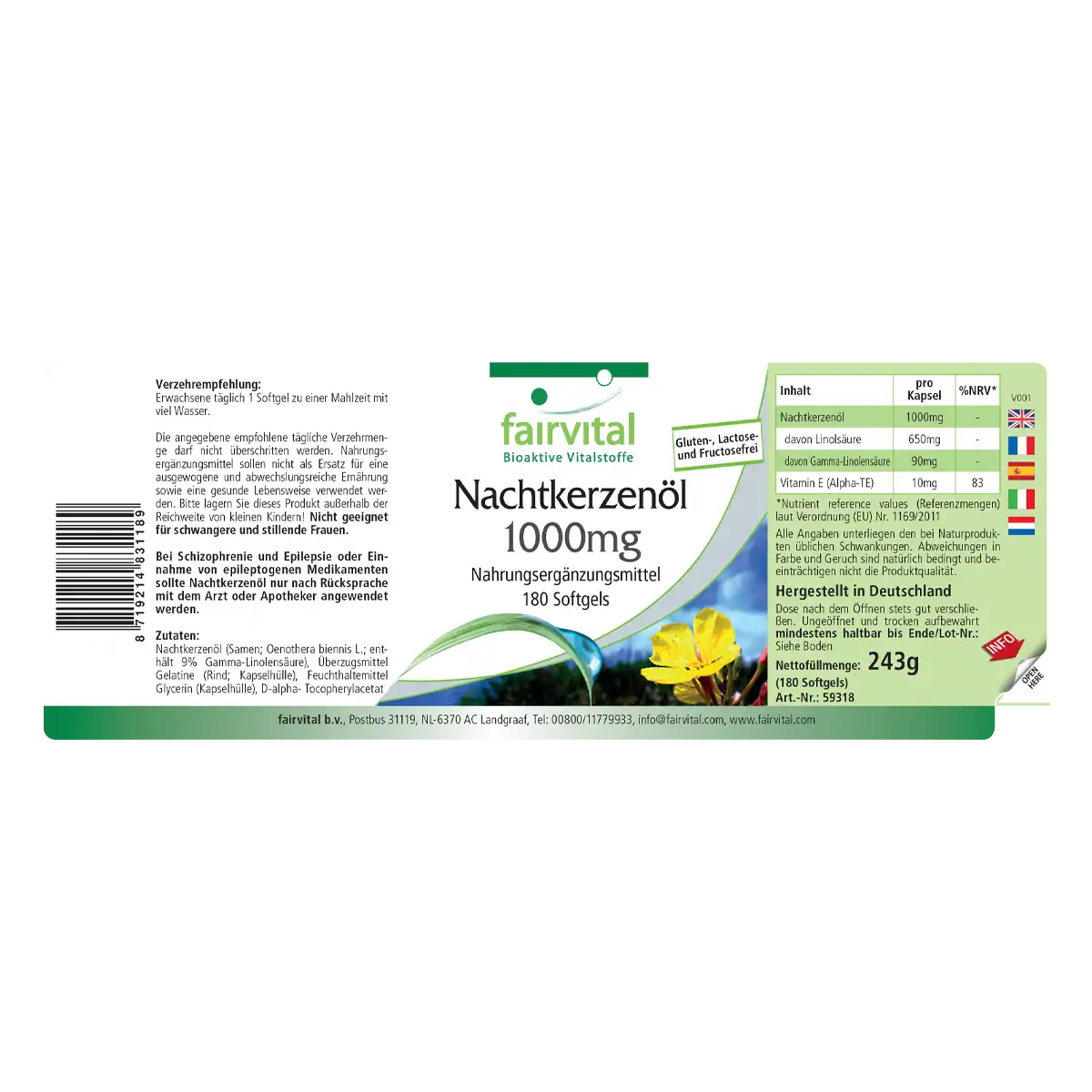 Nachtkerzenöl 1000mg - 180 Softgels - Omega-6-Fettsäuren - Hochdosiert | Fairvital Nachtkerzenöl 1000mg - 180 Softgels - Omega-6-Fettsäuren - Hochdosiert | Fairvital