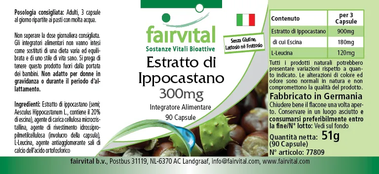 Rosskastanien Extrakt 300mg - 90 Kapseln - mit 20% Aescin - Aesculus hippocastanum - Vegan | Fairvital
