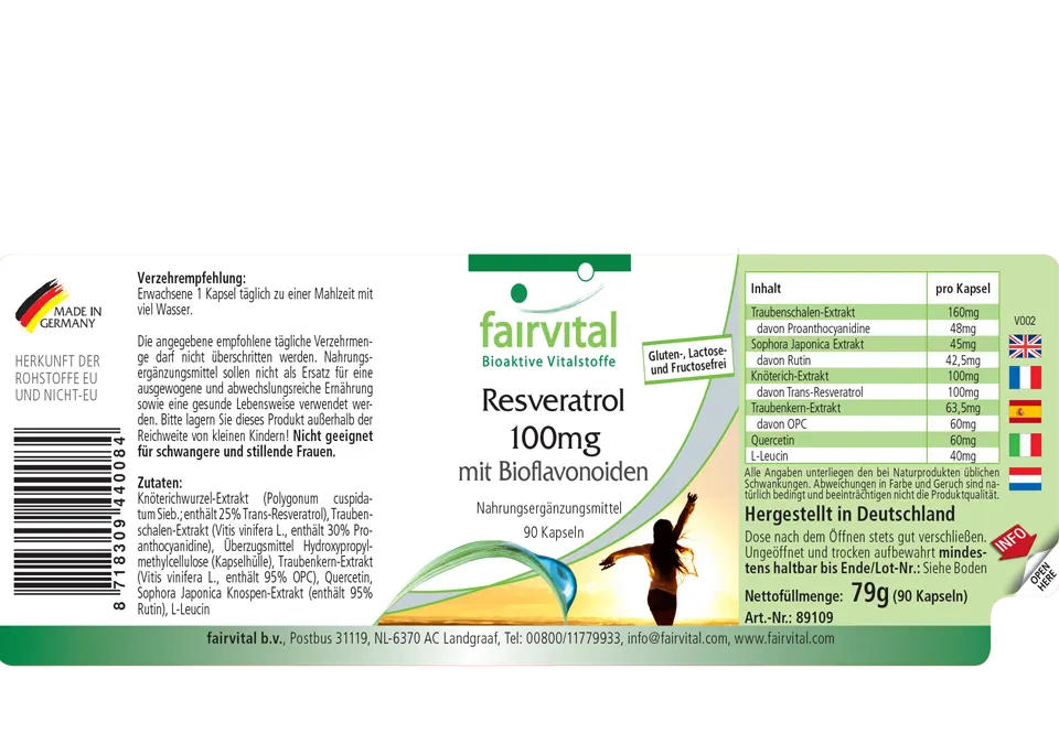 Resveratrol 100mg mit Bioflavonoiden - 90 Kapseln - Hochdosiert und Vegan | Fairvital