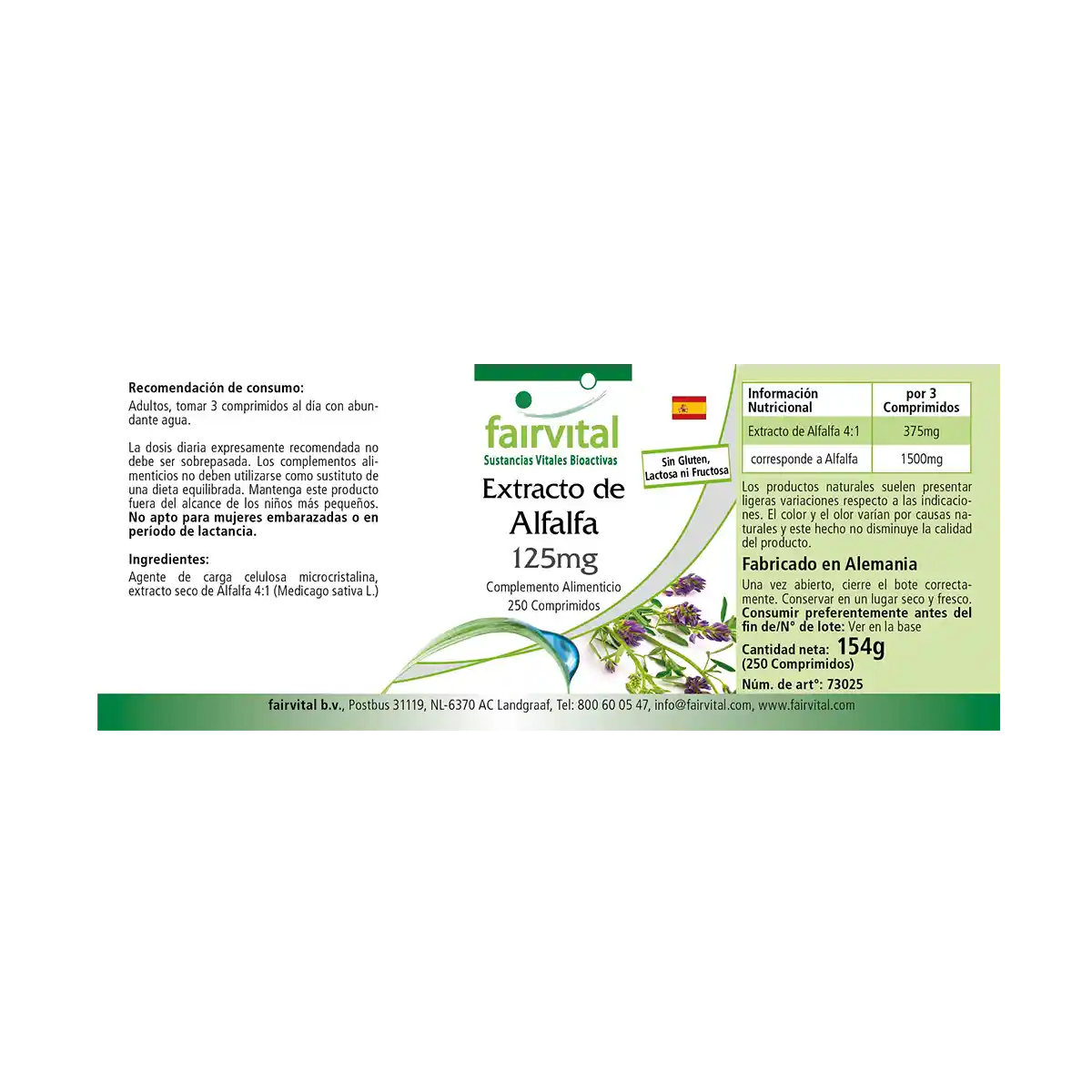 Alfalfa Extrakt 125mg -  Medicago sativa (Luzerne) - 250 Tabletten -  Hochdosiert und Vegan | Fairvital
