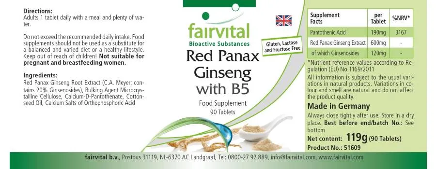 Roter Panax Ginseng mit B5 - 90 Tabletten - für Energiestoffwechsel uvm. - Vegan | Fairvital