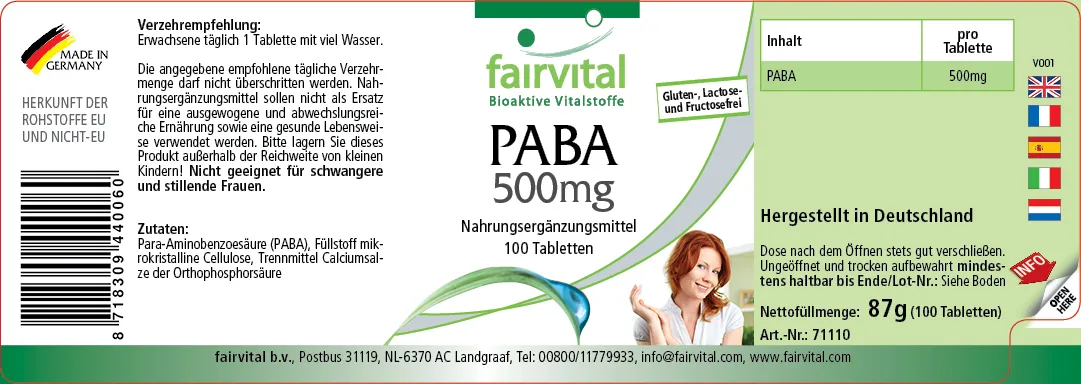 PABA 500mg - 100 Tabletten - Para-Aminobenzoesäure - Vitamin B10 - Hochdosiert und Vegan | Fairvital