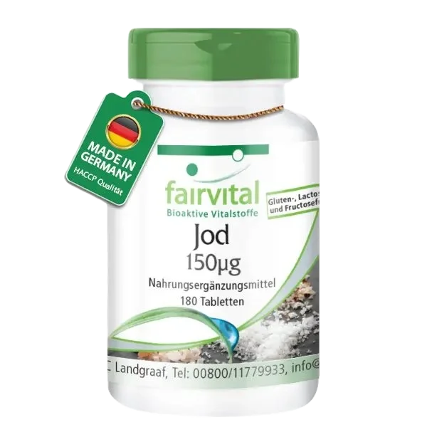 Jod 150 µg - 180 Tabletten - mit 150µg Jod pro Tablette - Hochdosiert und Vegan | Fairvital Jod 150 µg - 180 Tabletten - mit 150µg Jod pro Tablette - Hochdosiert und Vegan | Fairvital
