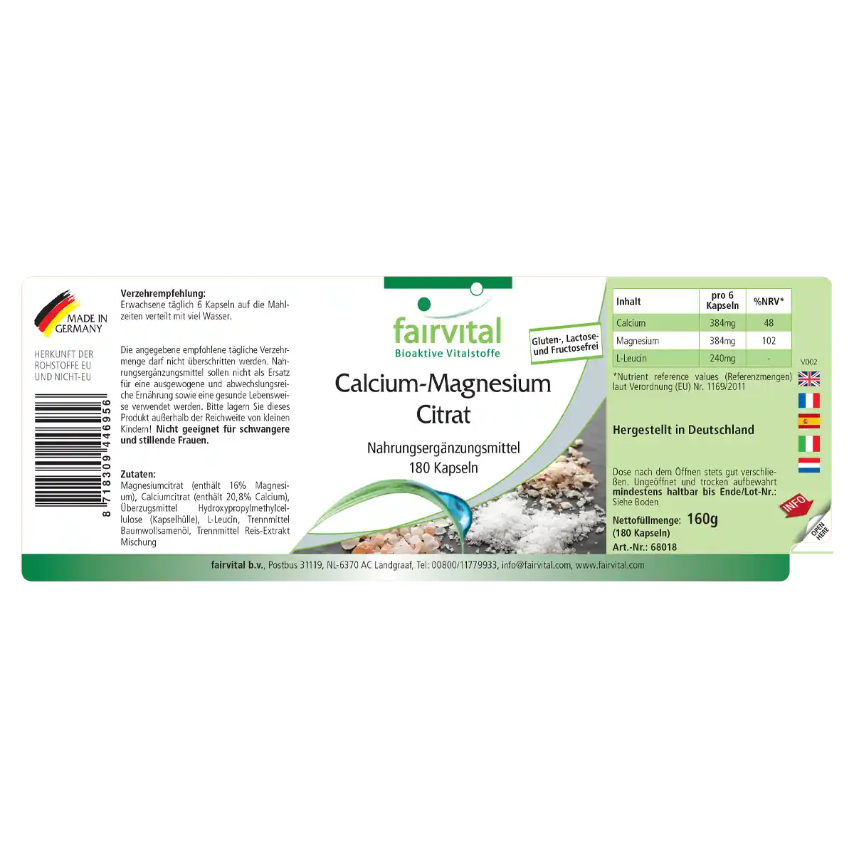 Calcium-Magnesium Citrat - 180 Kapseln - für Knochen, Zähne, Muskeln, Elektrolytgleichgewicht uvm. | Fairvital