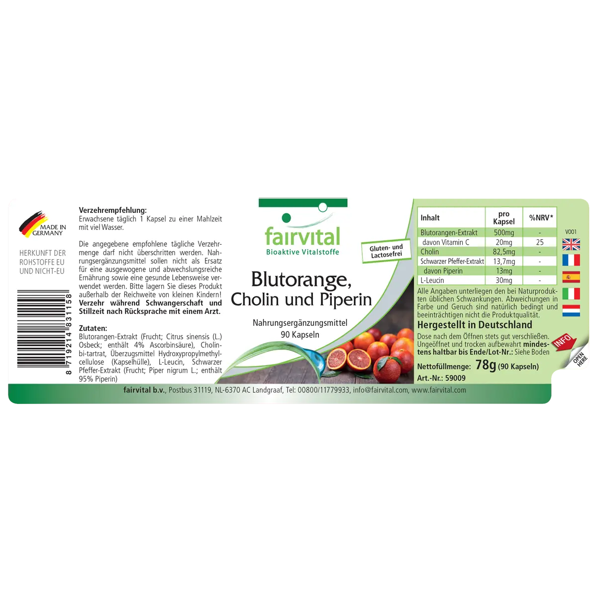 Blutorange, Cholin und Piperin 500mg - 90 Kapseln - mit Vitamin C - für Leberfunktion, Immunsystem uvm. | Fairvital