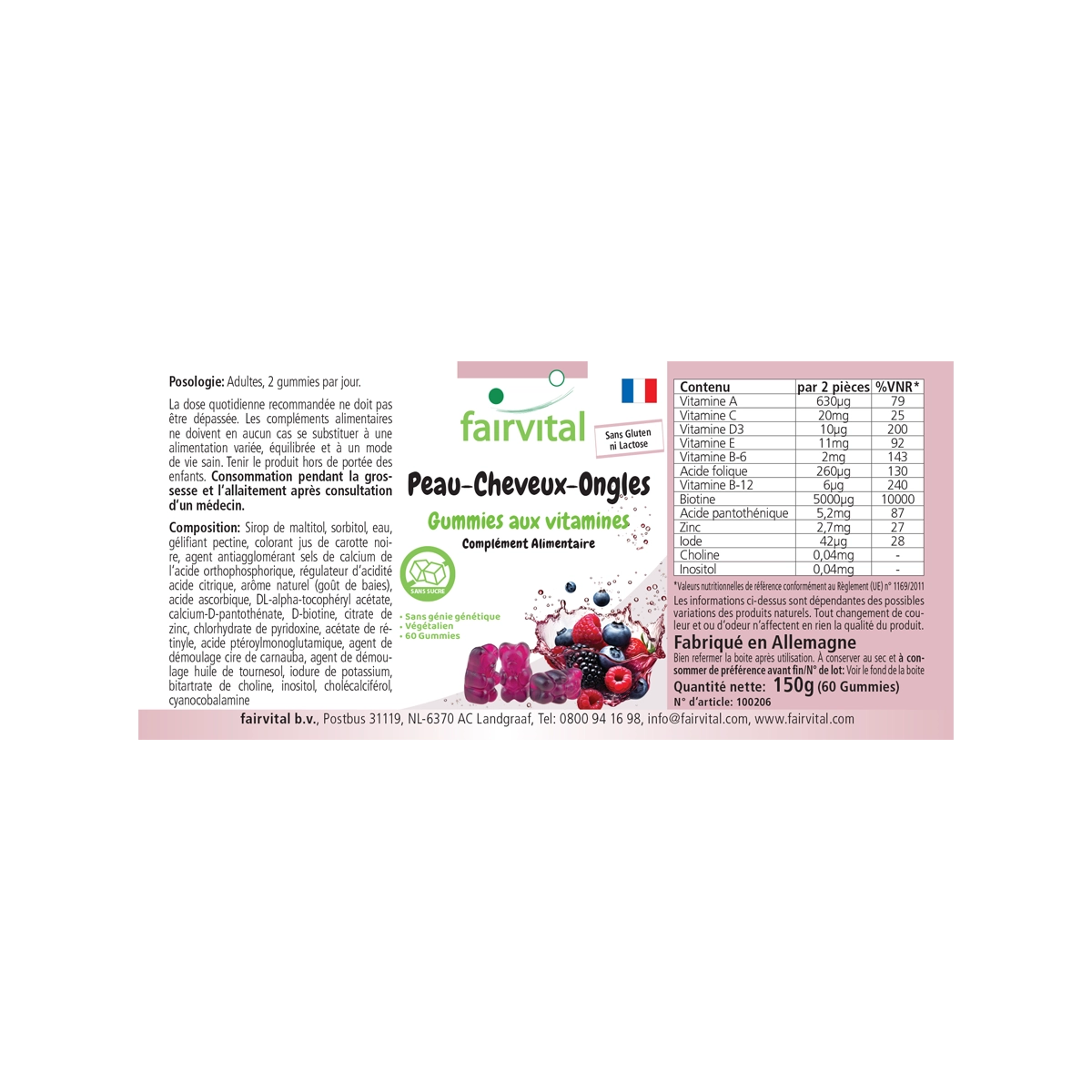 Haut-Haare-Nägel Vitamin - 60 Gummies - mit Biotin, Zink, Vitamin B12, uvm. - Vegan | Fairvital