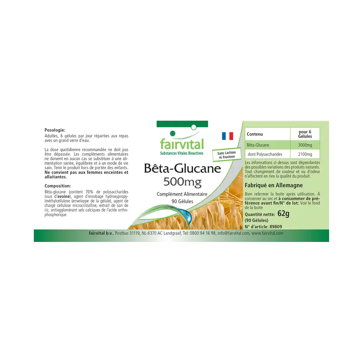 Beta-Glucan 500mg - 90 Kapseln - 70% Polysaccharide aus Hafer - Hochdosiert und Vegan | Fairvital