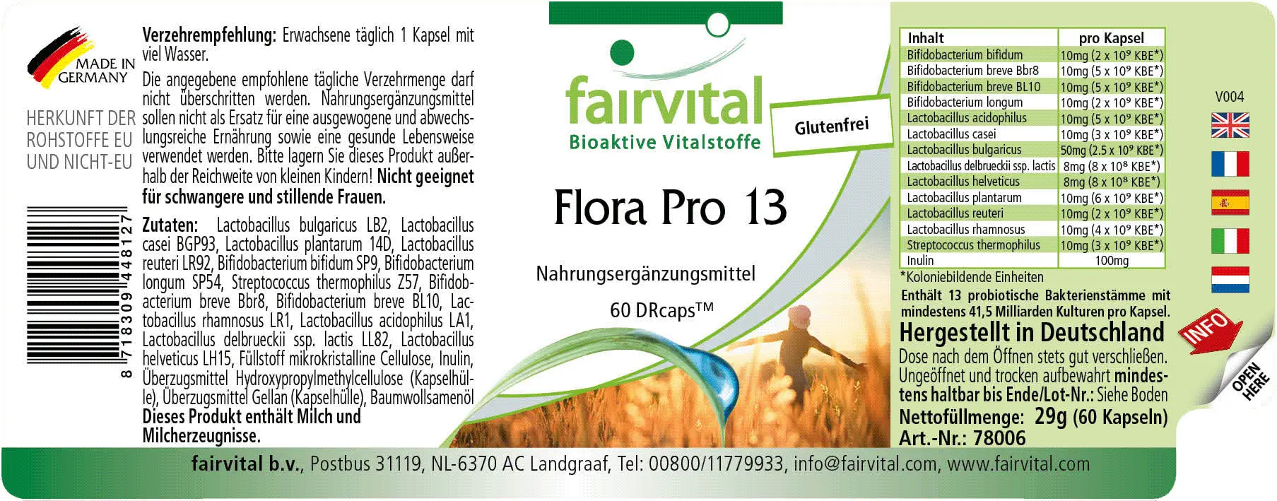 Flora Pro 13 - 60 Kapseln - 13 Bakterienstämme & 41,5 Milliarden Kulturen pro Kapsel - Hochdosiert | Fairvital