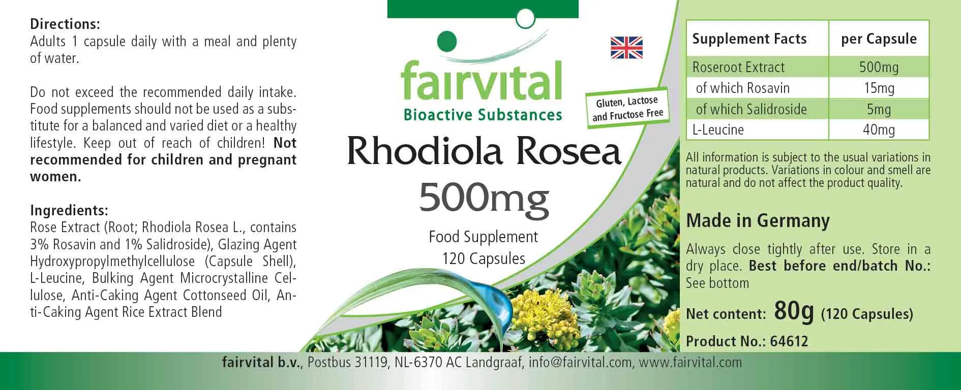 Rhodiola Rosea 500mg - 120 Kapseln - Rosenwurz Wurzel Extrakt - Hochdosiert und Vegan | Fairvital