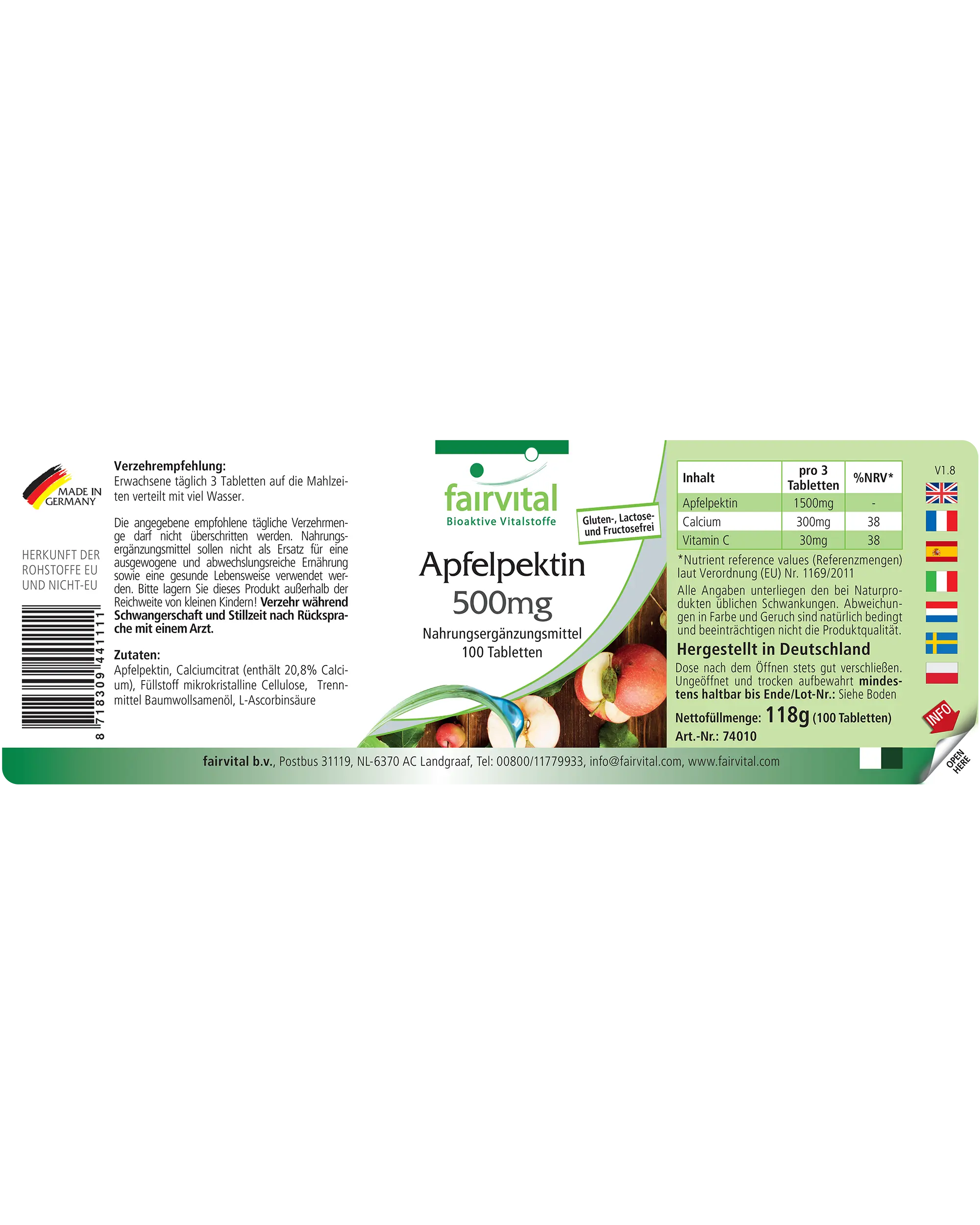 Apfelpektin 500mg - 100 Tabletten - mit Vitamin C, Calcium - für Knochen, Immunsystem uvm. - Vegan | Fairvital