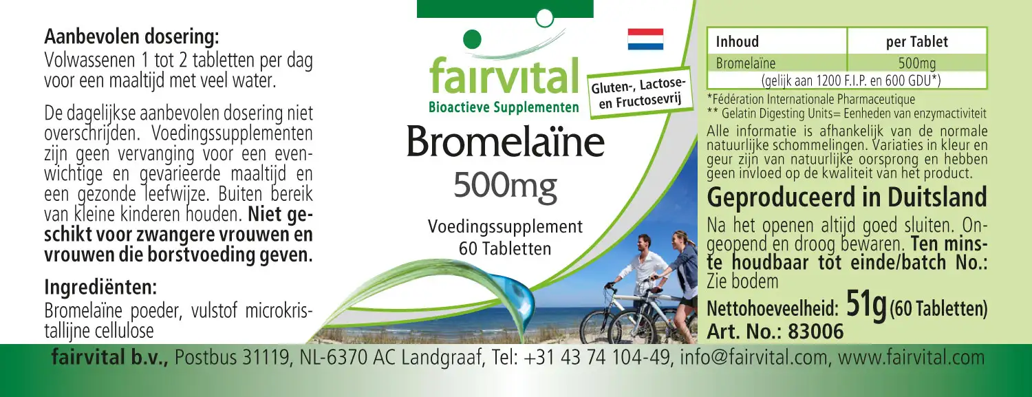 Bromelain 500mg  - 60 Tabletten - 1000mg pro Tagesdosis - 600 F.I.P. - Ananasenzym - Vegan | Fairvital