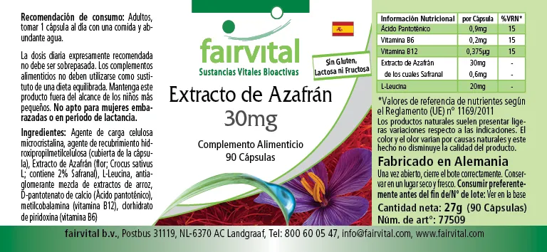 Safran Extrakt 30mg - 90 Kapseln mit Pantothensäure, Vitamin B12 uvm. - für Immunsystem, Zellteilung uvm. | Fairvital