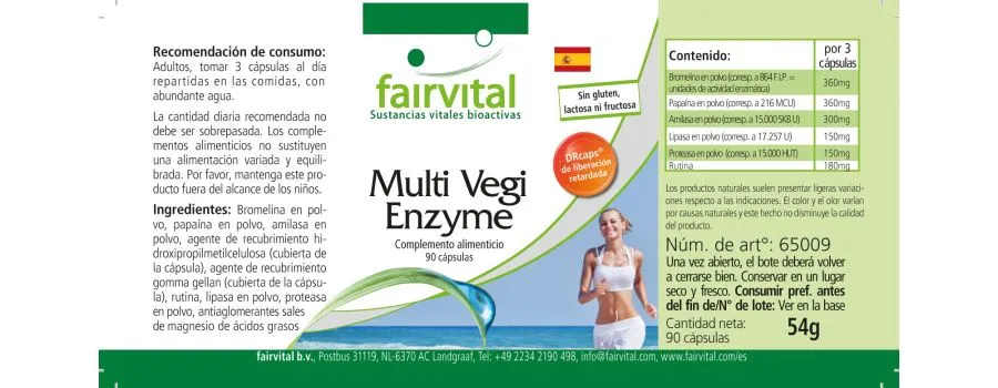 Multi Vegi Enzyme - 90 Kapseln - 100% pflanzlicher Enzymkomplex mit Bromelain, Papain, Lipase, Rutin - Vegan | Fairvital