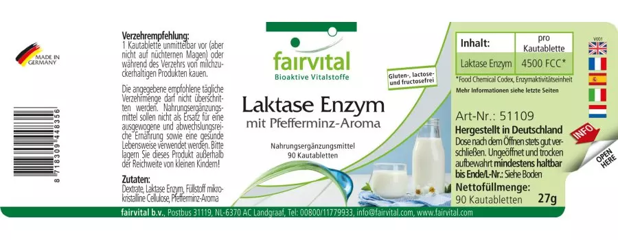 Laktase Enzym mit Pfefferminz Aroma - 90 Kautabletten - Hochdosiert | Fairvital