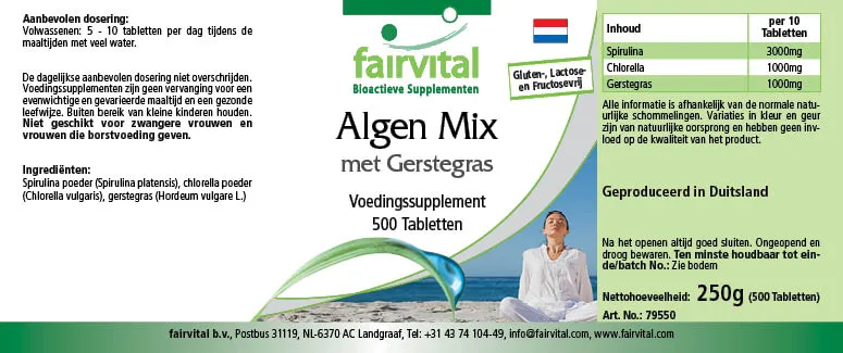 Algen Mix mit Spirulina, Chlorella und Gerstengras - 500 Tabletten - Hochdosiert und Vegan | Fairvital