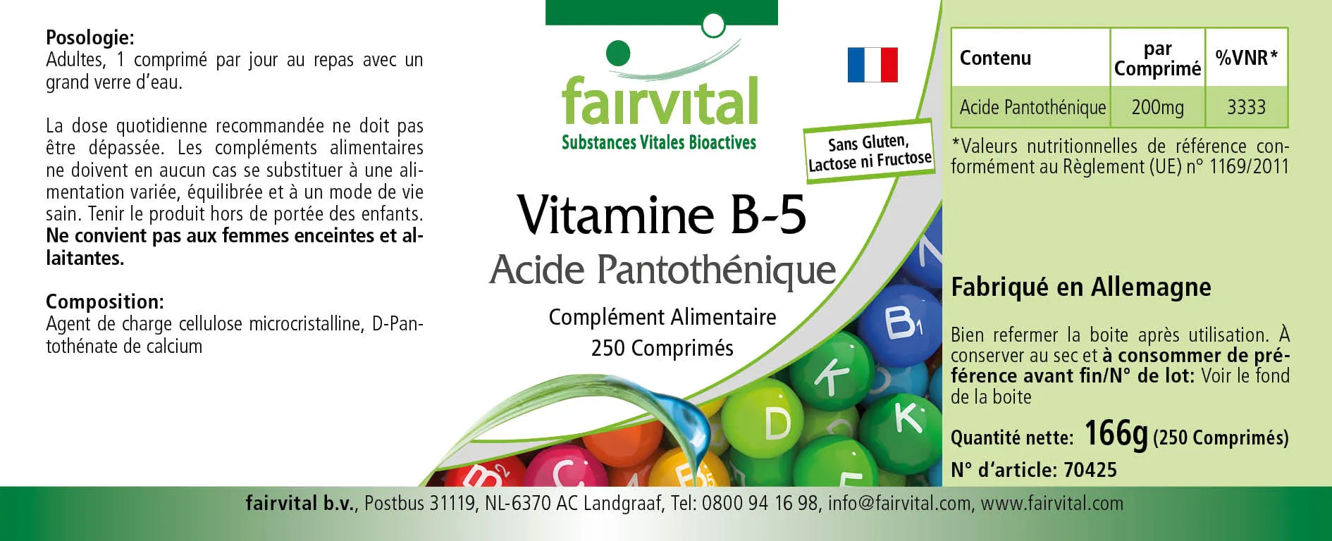Vitamin B-5 Pantothensäure 200mg - 250 Tabletten - für geistige Leistung, Energiestoffwechsel uvm. - Vegan | Fairvital