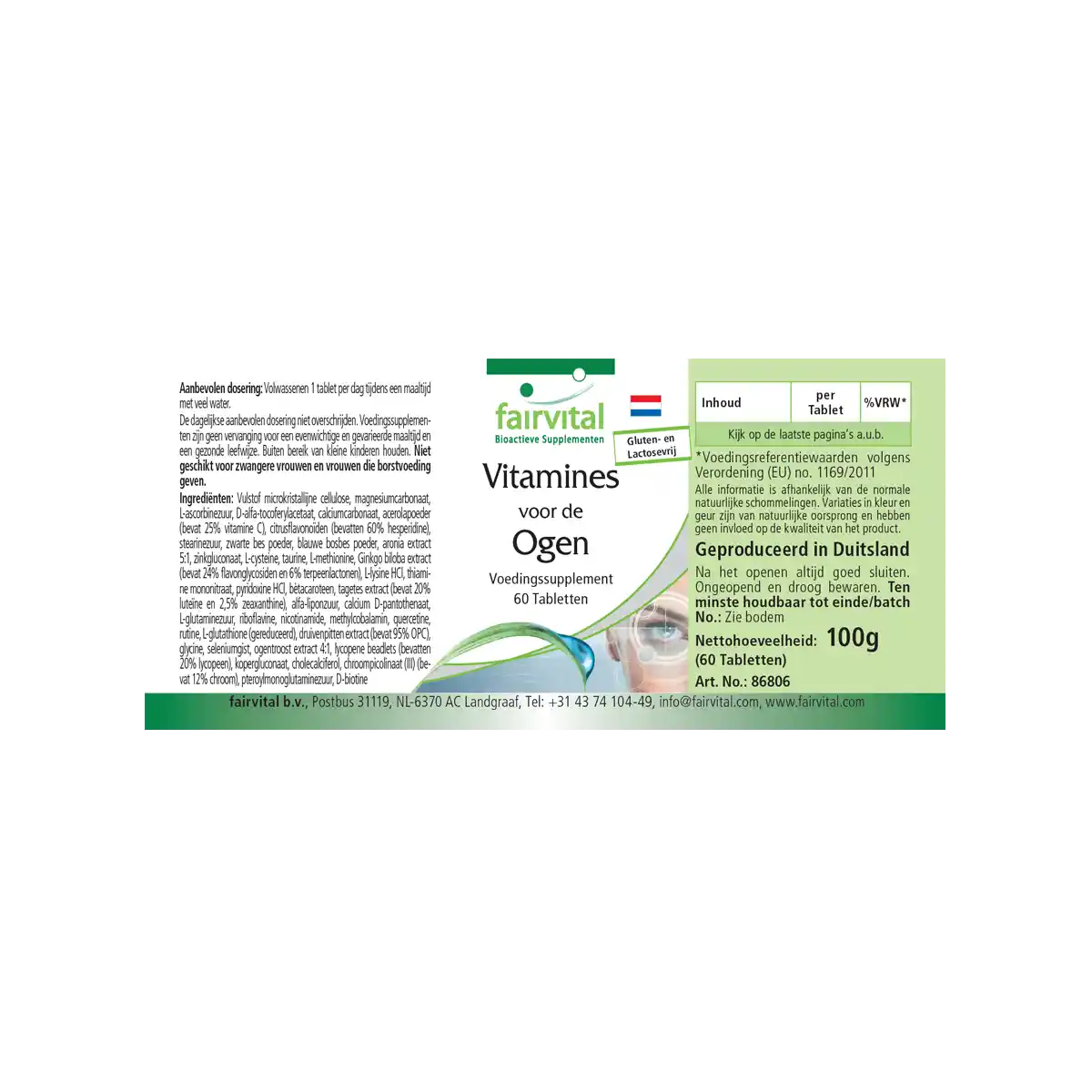 Augenvitamine - 60 Tabletten - mit Vitamin A, Riboflavin, Zink, uvm. - für Sehkraft, Zellteilung uvm. | Fairvital