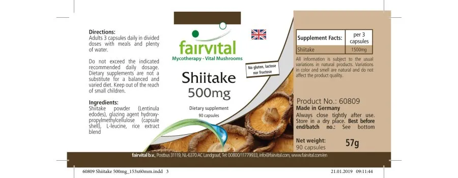 Shiitake 500mg - 90 Kapseln - Lentinula edodes - Hochdosiert und Vegan | Fairvital