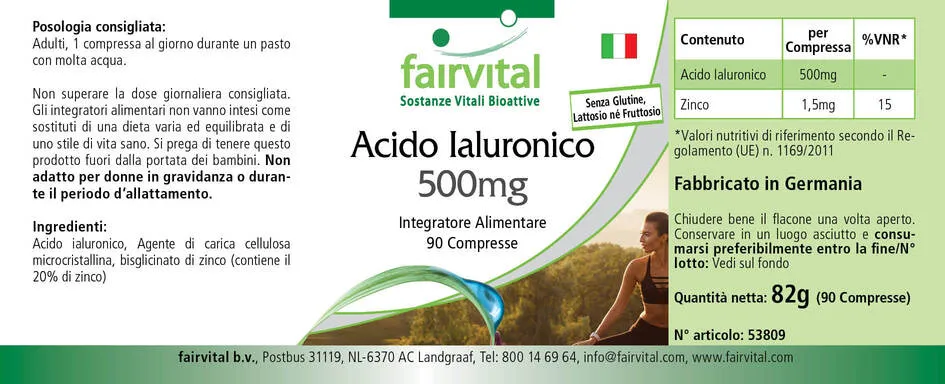 Hyaluronsäure 500mg - 90 Tabletten - mit Zink - für Sehkraft, Immunsystem uvm. - Vegan | Fairvital