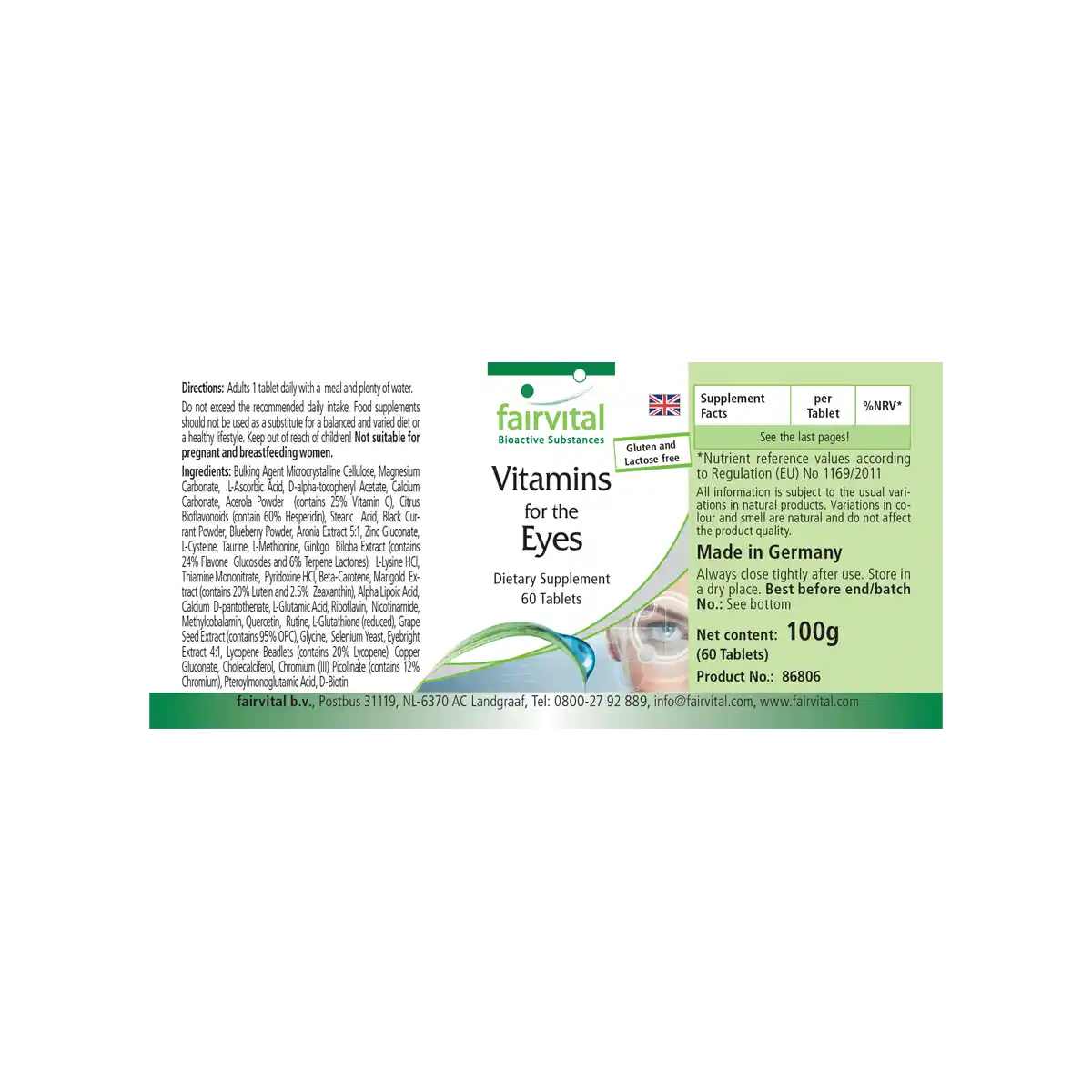 Augenvitamine - 60 Tabletten - mit Vitamin A, Riboflavin, Zink, uvm. - für Sehkraft, Zellteilung uvm. | Fairvital
