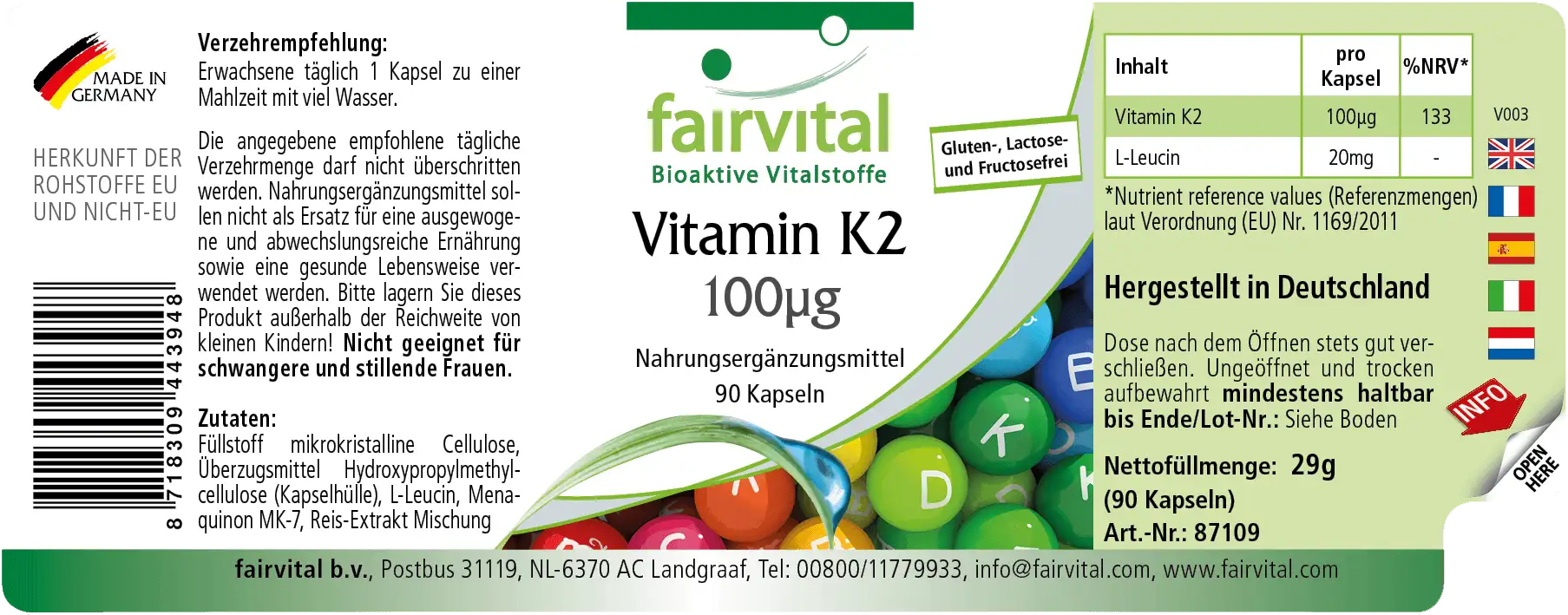 Vitamin K2 100µg - 90 Kapseln - für Knochen und Blutgerinnung - Vegan | Fairvital