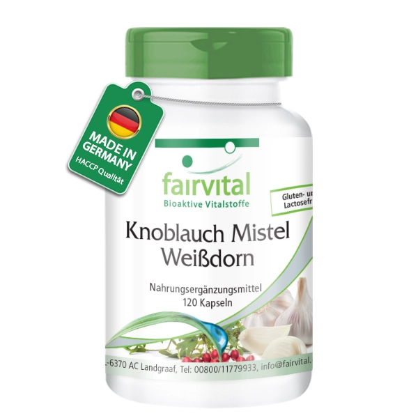 Knoblauch Mistel Weißdorn - 120 Kapseln - mit Vitamin C - für Immunsystem uvm. - Vegan | Fairvital Knoblauch Mistel Weißdorn - 120 Kapseln - mit Vitamin C - für Immunsystem uvm. - Vegan | Fairvital