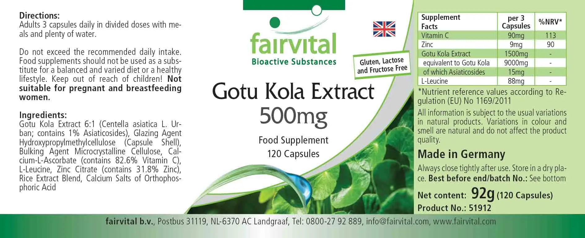 Gotu Kola Extrakt 500mg - 120 Kapseln - mit Vitamin C, Zink - für Immunsystem, Zellschutz uvm. - Vegan | Fairvital