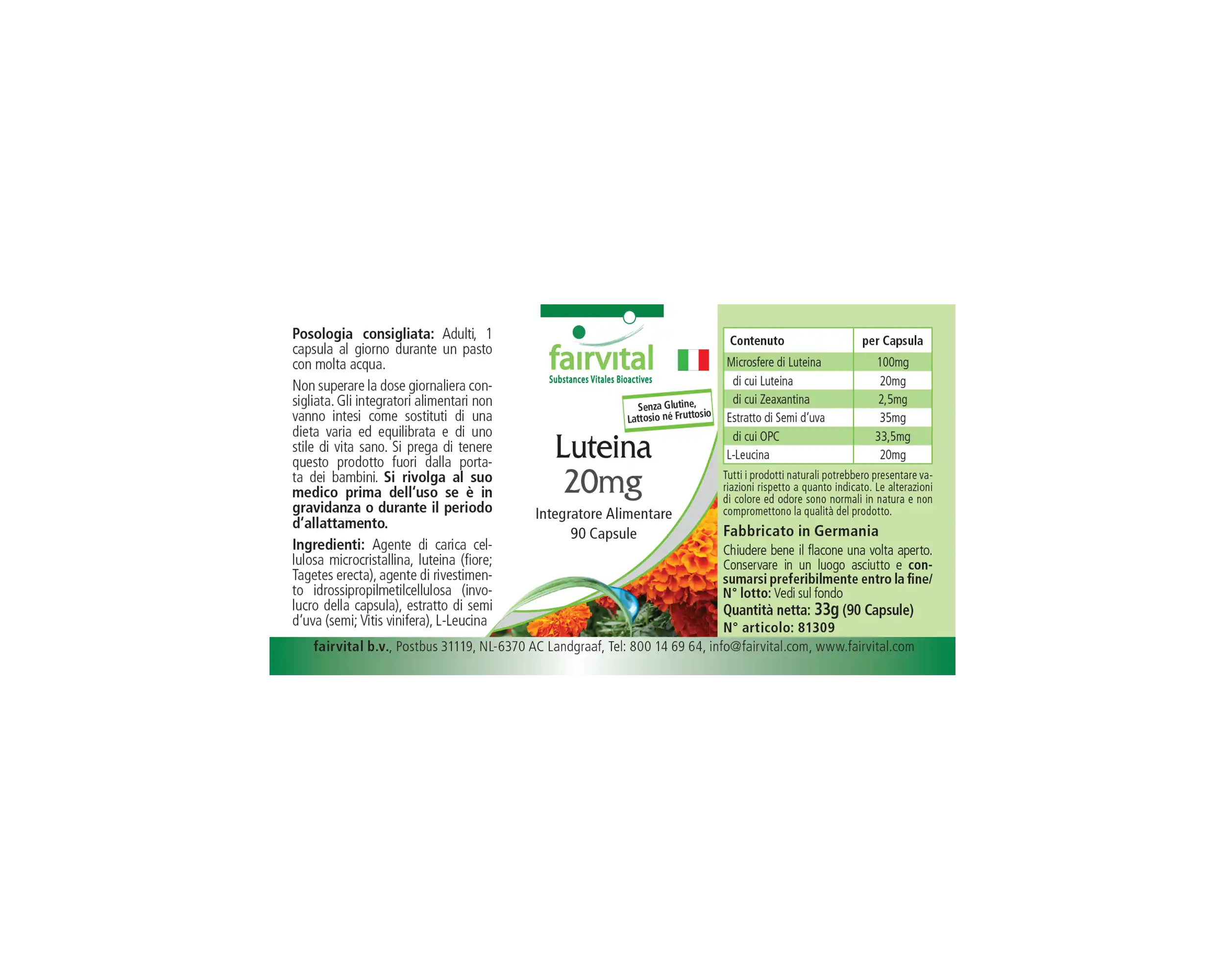 Lutein 20mg - 90 Kapseln - mit Zeaxanthin - mikroverkapselt - ohne Magnesiumstearat | Fairvital
