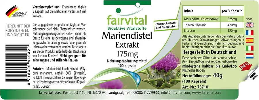 Mariendistel Extrakt 175mg - 100 Kapseln - standardisiert auf 80% Silymarin - Vegan | Fairvital