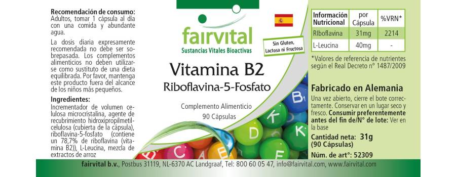 Vitamin B2 Riboflavin-5-Phosphat - 90 Kapseln - für Haut, Sehkraft, Nervensystem uvm. - Vegan | Fairvital
