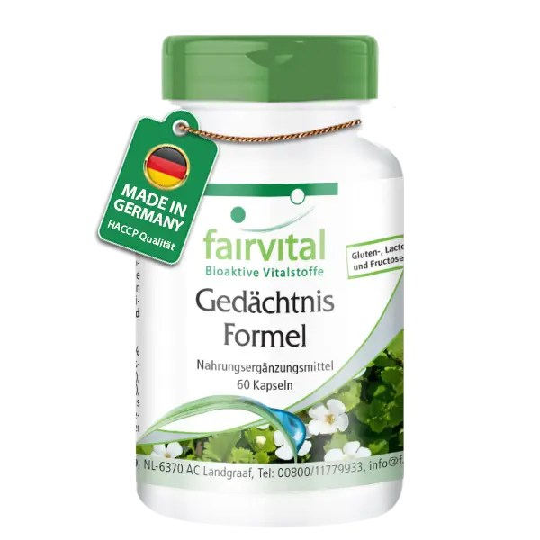 Gedächtnis Formel - 60 Kapseln - mit Brahmi (Bacopa Monnieri), Ginkgo und mehr - Hochdosiert und Vegan | Fairvital