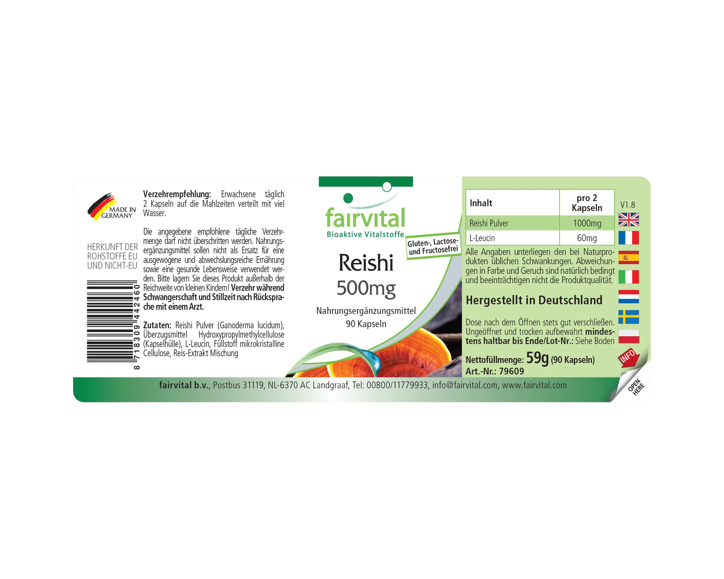 Reishi 500mg - 90 Kapseln - Ganoderma lucidum Pilzpulver - Hochdosiert und Vegan | Fairvital
