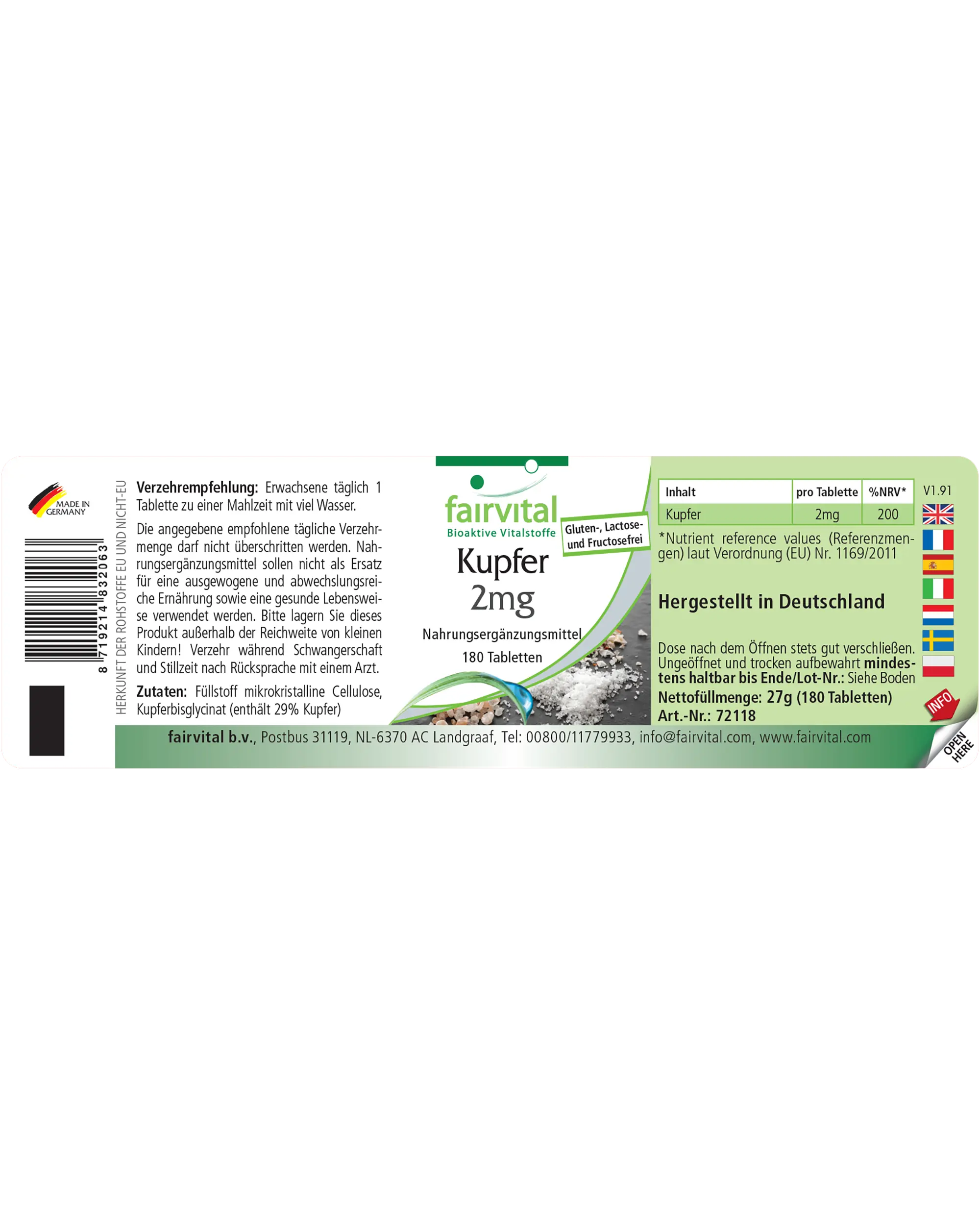 Kupfer 2mg - 180 Tabletten - für Immunsystem, Haut-/ Haarpigmentierung uvm. - vegan | Fairvital