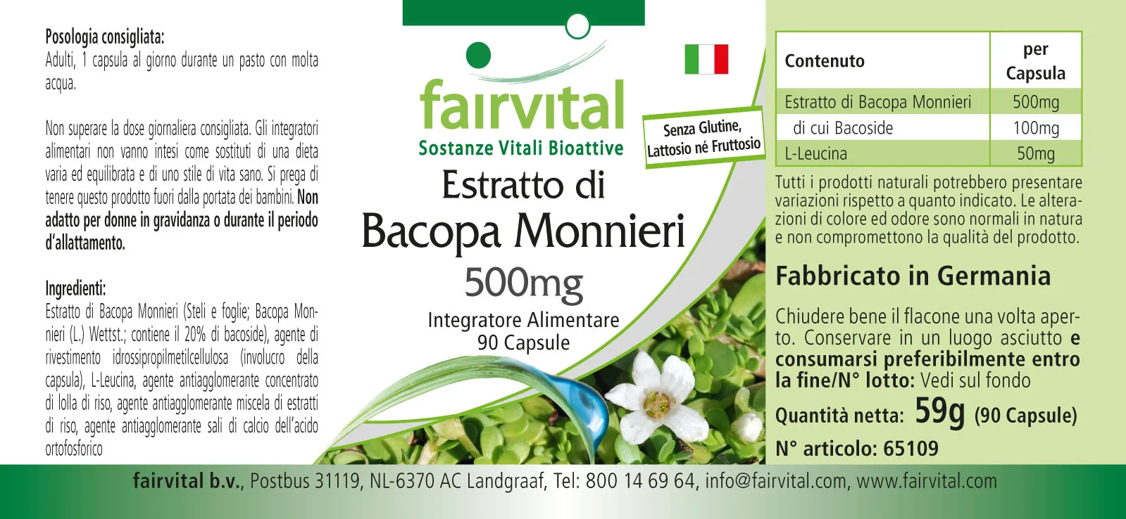 Bacopa Monnieri Extrakt 500mg - Brahmi Kapseln - mit 20% Bacoside - 90 Kapseln - Hochdosiert und Vegan | Fairvital