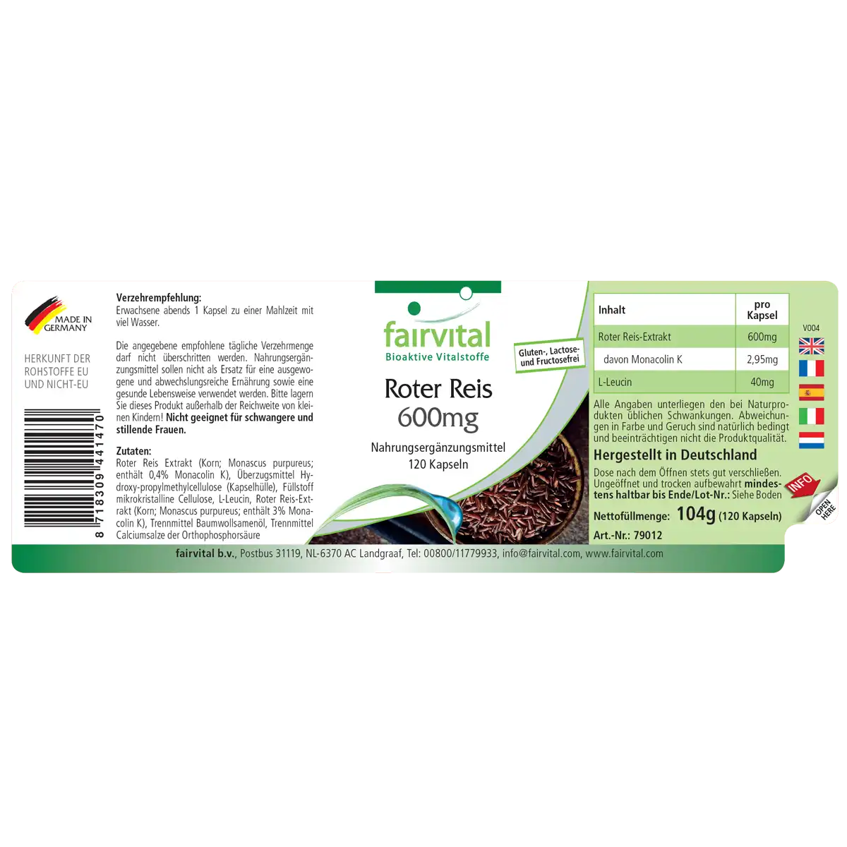 Roter Reis 600mg - 120 Kapseln - fermentiert - 2,95 mg Monacolin K - Vegan | Fairvital Roter Reis 600mg - 120 Kapseln - fermentiert - 2,95 mg Monacolin K - Vegan | Fairvital
