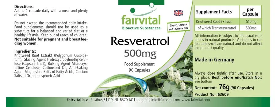 Resveratrol 500mg - 90 Kapseln - aus Knöterich-Extrakt - Hochdosiert und Vegan | Fairvital