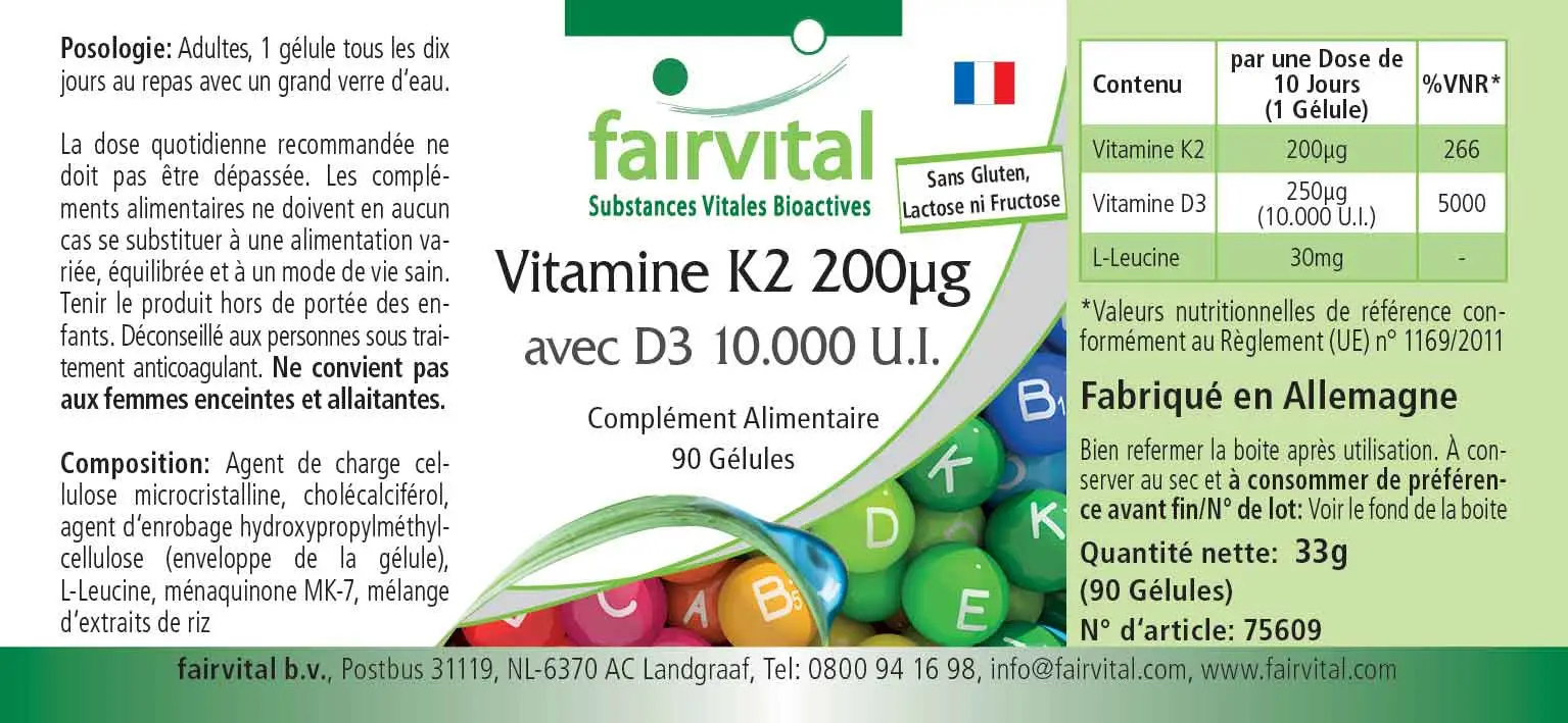 Vitamin K2 200µg mit D3 10000 I.E. - 90 Kapseln - für Knochen, Blutgerinnung uvm. | Fairvital